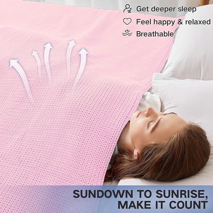 Knitted Weighted Blanket(Pink 60"x80" 15lbs),Home Décor Cooling Throw Blanket for Hot Sleepers,Hand Made Chunky Knit Heavy Blanket for Adults Use on Queen/King Size Bed