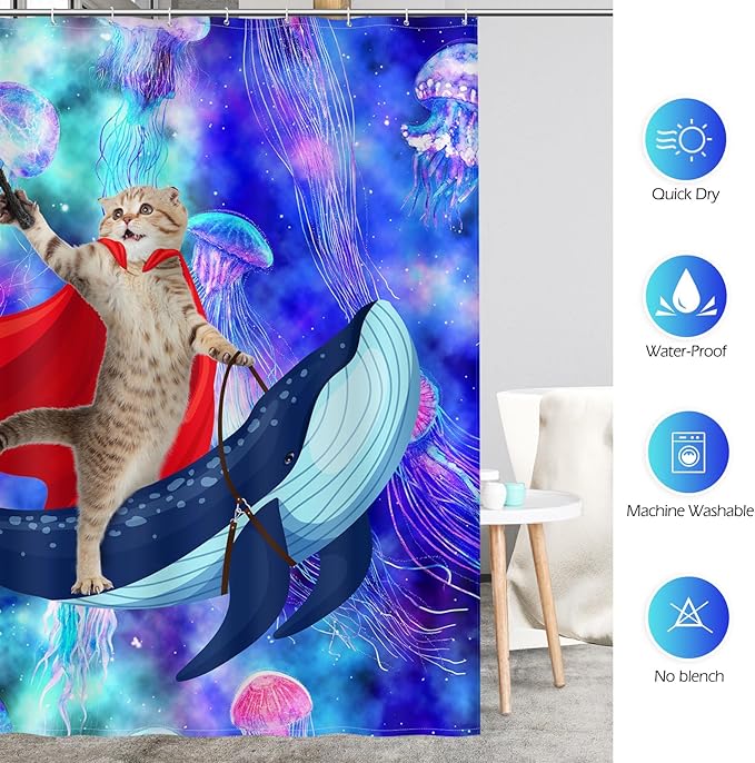 Aimego Long Funny Shower Curtain - Cute Cat Riding Whale on Space Galaxy Fantasy Jellyfish Fabric Cloth Shower Curtain Set with 12 Hooks for Kids Bathroom Decor Accessories Bathtub Curtain, 72"x78"
