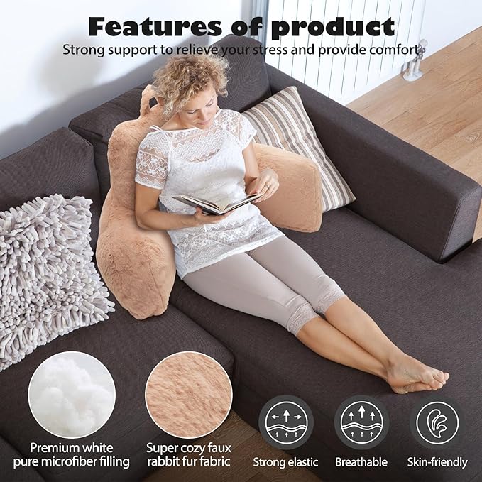 Reading Pillow for Sitting in Bed Adult, Standard Reading Pillow with Memory Foam, Back Pillow for Bed Sitting Up with Extend Arms, Bed Reading Pillow, Camel