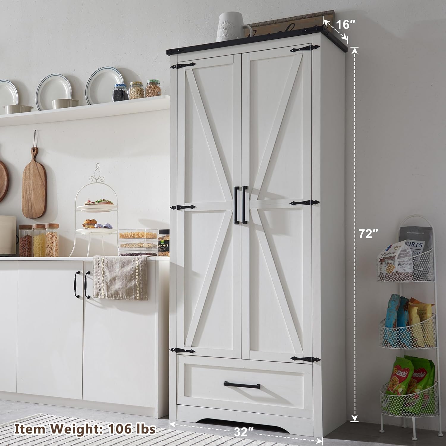 72" Tall Wood Storage Cabinet, Farmhouse Kitchen Pantry Cabinet with Adjustable Shelves & Drawer & Barn Doors, Versatile Storage for Kitchen, Dining Room, Bathroom, Antique White