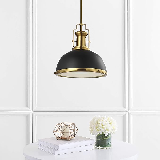 JONATHAN Y JYL9536A Homer 13" 1-Light Modern Industrial Iron LED Dome Pendant, Classic, Cottage, Farmhouse, Industrial, Rustic, Transitional, Office, Living Room, Kitchen, Foyer, Black/Brass Gold