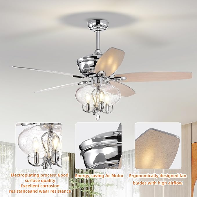 NicBex Ceiling Fan 52 Inch Classic Crystal Ceiling Fan with Lights Ceiling Fans with 5 Blades and Remote Control Ceiling Fan with Lamp Shade for Bedroom, Living Room, Silver
