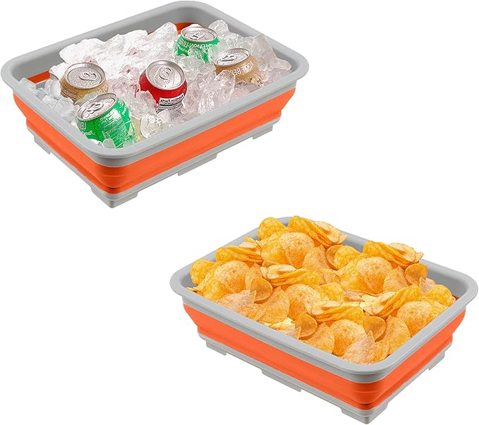 Set of 2 Multipurpose Wash Bins – 10-Liter Basins for Travel or Cleaning – Collapsible Bucket Camping Accessories by Wakeman (Orange)