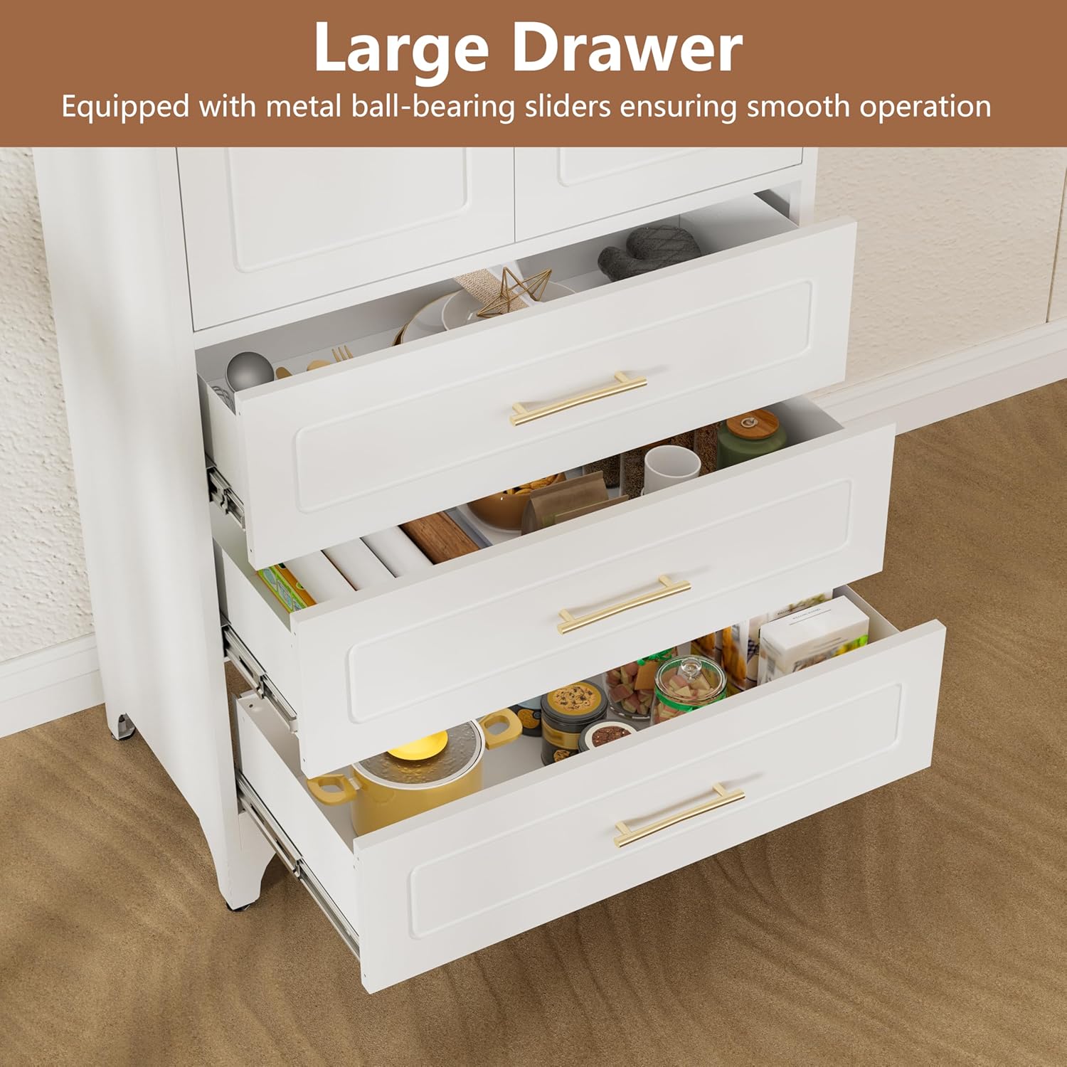 Kitchen Pantry Cabinet, 75" Tall Pantry Cabinet with Three Drawers, Freestanding Food Cupboard with Doors and Shelves, Metal Storage Cabinets for Dining, Living Room, White, Assembly Required