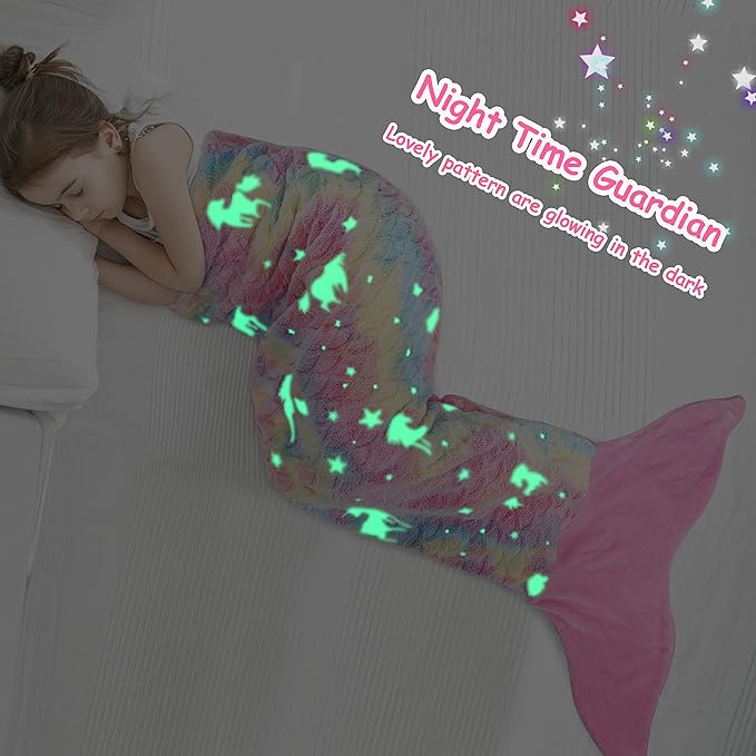 Catalonia Mermaid Tail Blanket for Toddlers Girls, Glow in The Dark Mermaid Sleeping Bag, Unicorn Pattern, Mermaid Gifts for Girls 4-6