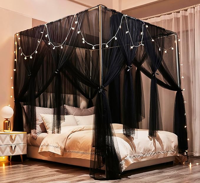 Mengersi Bed Canopy Canopy Bed Curtains with Lights- 4 Corners Post Royal Bed Drapes Mosquito Net- Elegant Bedroom Decoration Accessories for Adults(California King,Black)