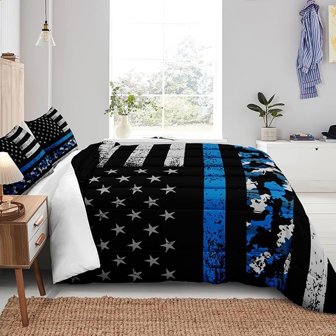 Bedbay American Flag Comforter Set King Teen Boys Military Bedding 4Pcs Camouflage Bedding Kingsize Flag Camo Comforter Set Soft Lightweight Army Comforter Duvet Insert for All Season(Blue,King)