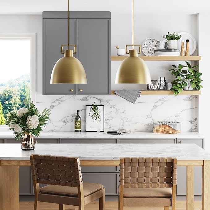 Nathan James Leigh Pendant Lighting, Hanging Ceiling Light with Oversized Metal Shade and Adjustable Cord, for Kitchen Island or Entryway, Antiqued Brass, Set of 2