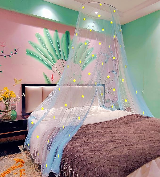 Eimilaly Two-Tone Bed Canopy Glow in The Dark White Blue, Mosquito Net Bed Canopy for Girls Room Decor, Single Door