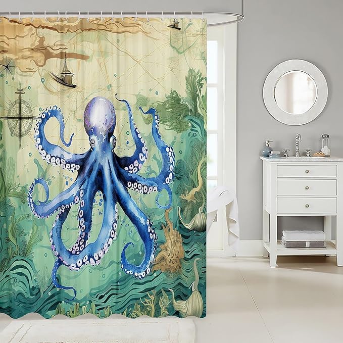 Feelyou Octopus Print Shower Curtain 72"x72" Kids Sailboat Printed Bathroom Shower Curtain Set for Boys Girls Teens Ocean Themed Bath Curtain Marine Life Sealife Bathroom Accessories