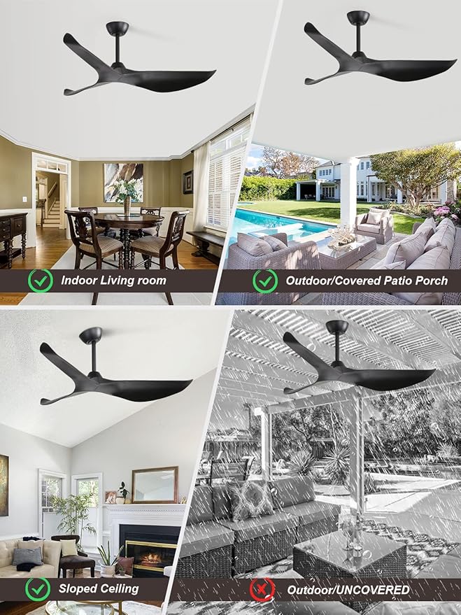 Sofucor 52" Ceiling Fan no Light and Remote Control, Modern Ceiling Fan Without Light, Indoor Outdoor Ceiling Fan with Reversible Motor, 6 Speeds, Black