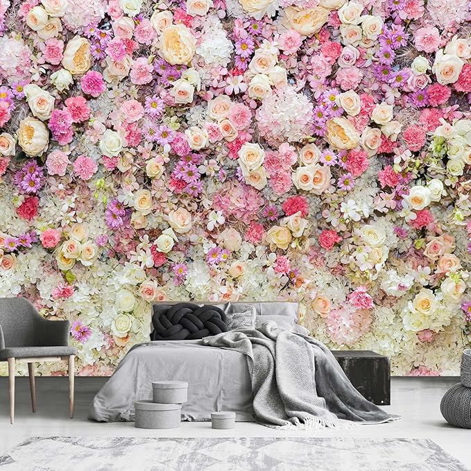 3D Pink Rose Flower Wall Large Floral Mural Wallpaper for Living Room Wall Decor (Not Peel and Stick)