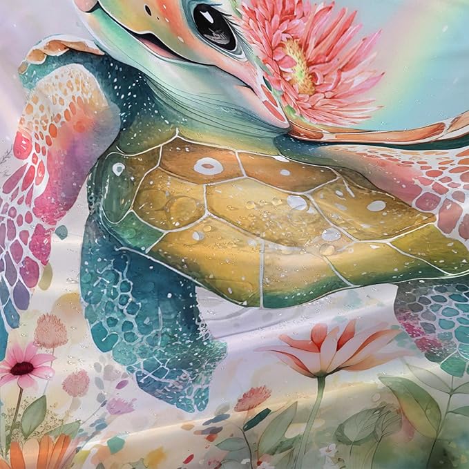 AILONEN Kawaii Sea Turtle Shower Curtain,Tie Die Ocean Animal Themed Bath Curtain Cloth Fabric Bathroom 72" W*72" H Inch,12 Pack Hooks for Kids Child Cute Watercolor Sea Animal Bathroom Curtain