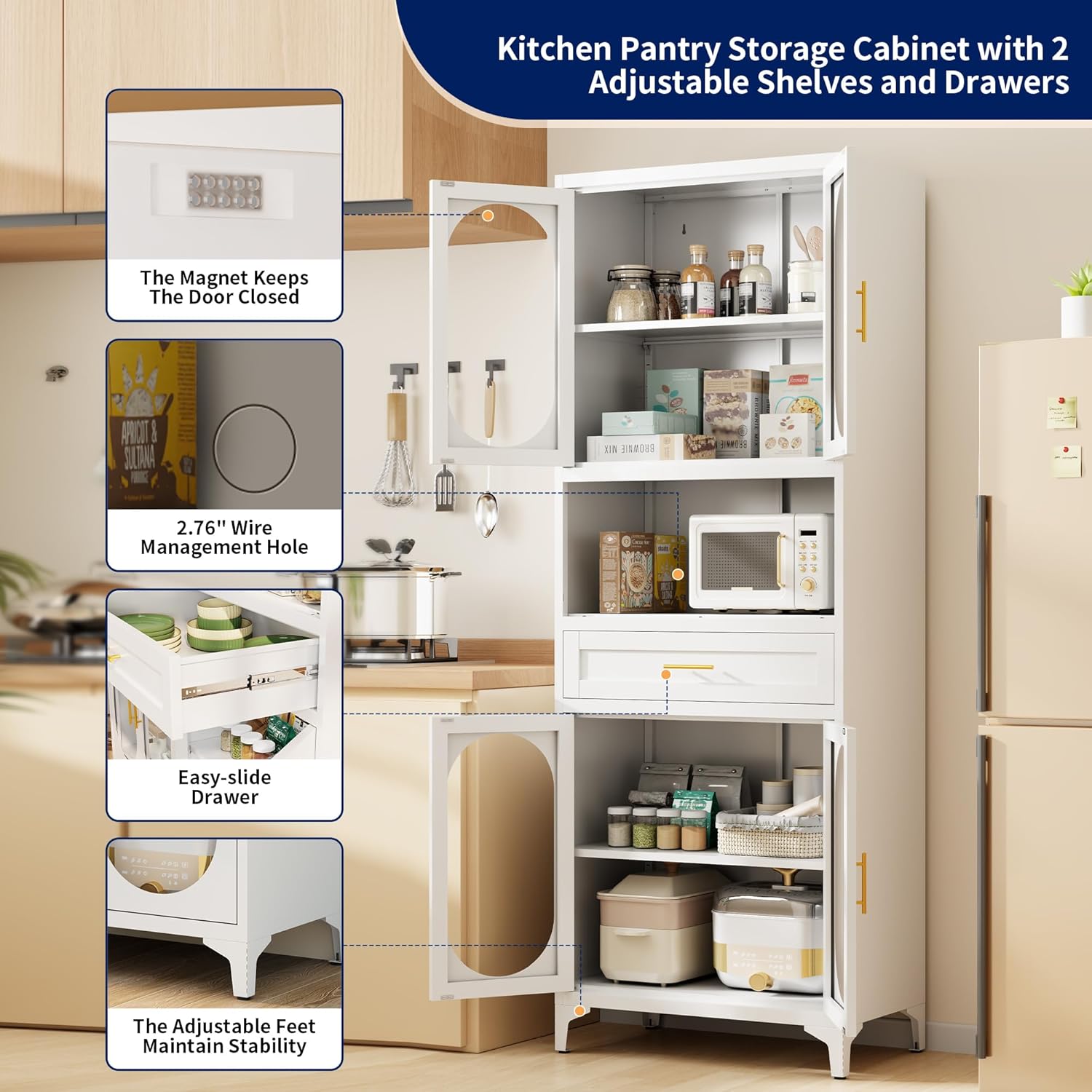 75” Tall Kitchen Pantry Storage Cabinet, Metal Storage Cabinet with 1 Drawer and Adjustable Shelves, Kitchen Pantry Cupboard, Freestanding Cupboard for Bathroom, Living Room (White-Glass Door)