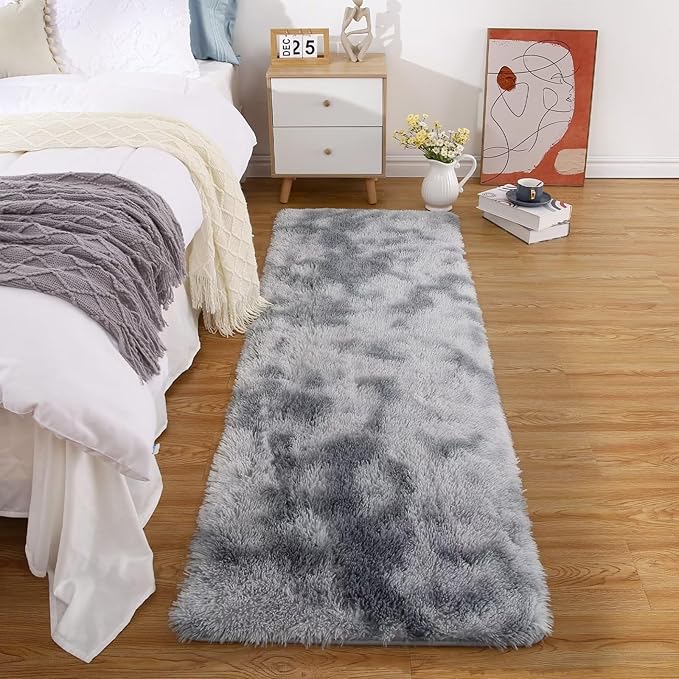 2x6 Rug Runner Faux Fur Fluffy Area Rug for Bedroom Extra Soft Fuzzy Rugs Plush Shaggy Throw Carpet for Nursery Kids Room Non Slip Non Shedding Home Decor Rug for Living Room,Tie Dye Light Grey