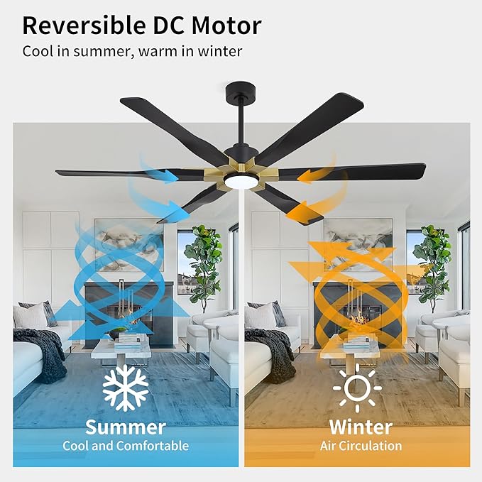 68 Inch Ceiling Fan with Lights and Remote Control, 6 Reversible ABS Blades, 6-Speed Noiseless DC Motor with 4.5" / 12" / 24" Downrods for Bedroom Dining Living Room, Gold and Black