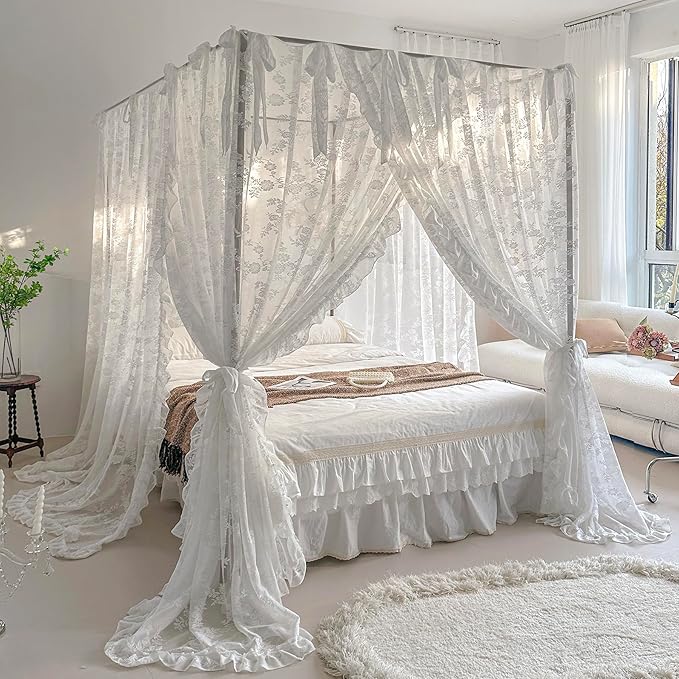 Mengersi Canopy Bed Curtains with Tie Backs,Bed Canopy Curtains Bed Drapes Sheer Curtains for Bedroom Decor（Queen,White
