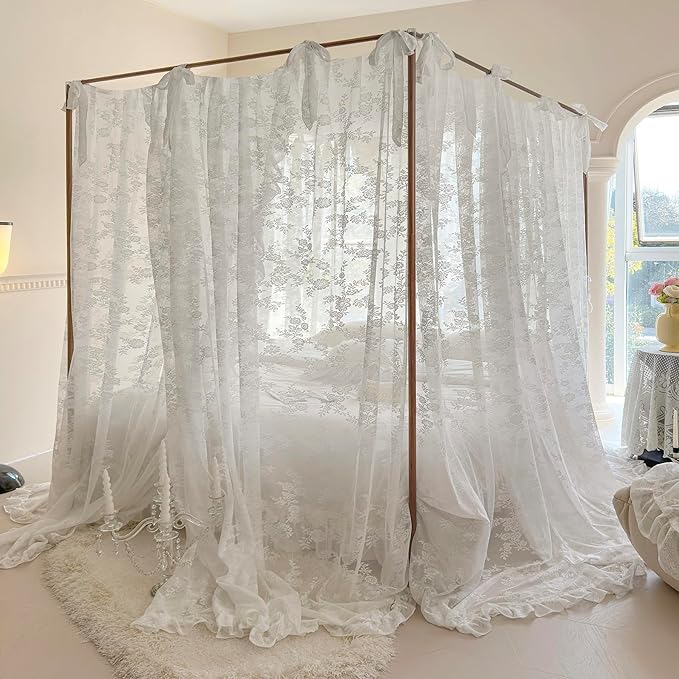 Mengersi Canopy Bed Curtains with Tie Backs,Bed Canopy Curtains Bed Drapes Sheer Curtains for Bedroom Decor（King,White
