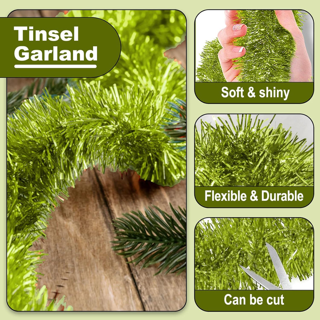 25 Feet Metallic Twist Tinsel Garland - Wall Hanging Backdrop for Parade Floats, Christmas Eve, New Year, Valentine's Day Parties (Light Green, 4in x 25ft)