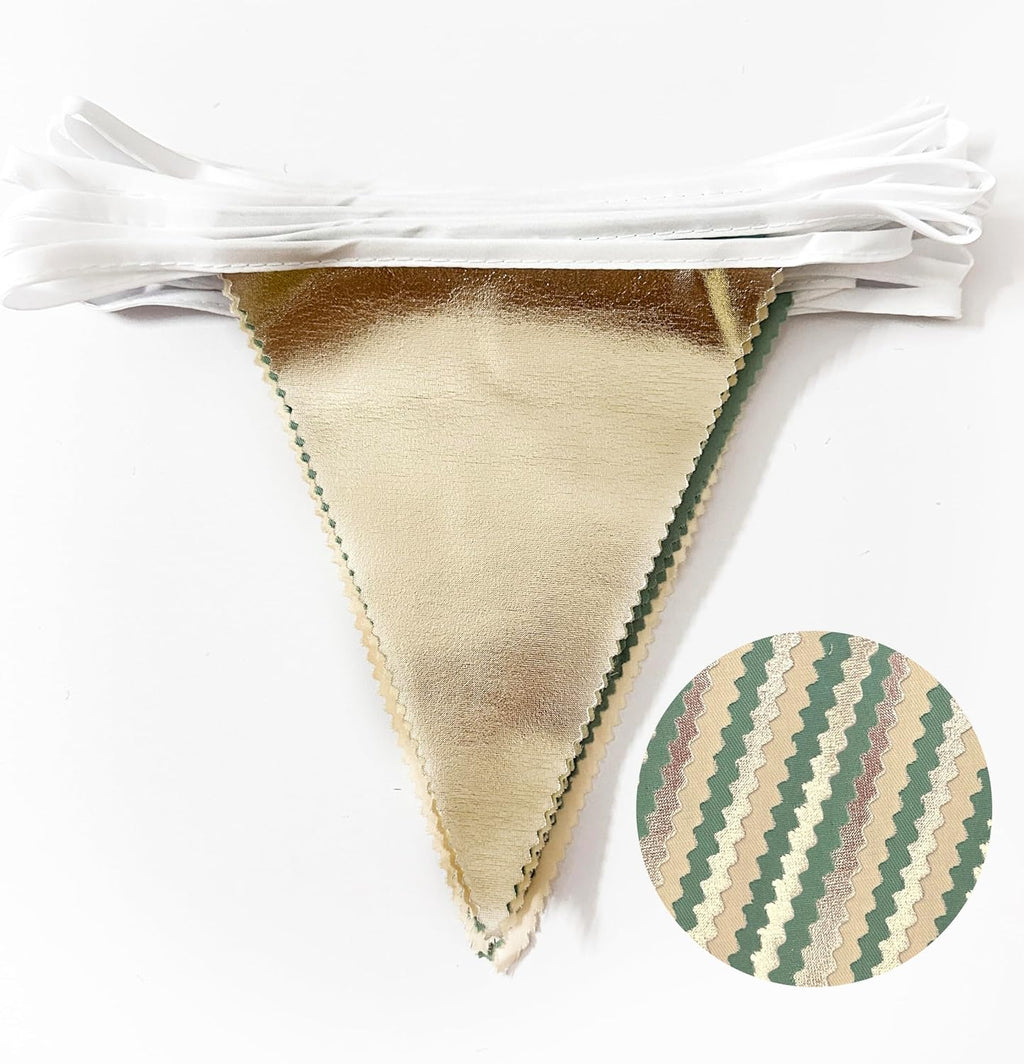 Sage Green Beige Champagne Gold Party Decorations Metallic Fabric Triangle Pennant Banner Bunting Flag Garland for Baby Shower Birthday Wedding Engagement Bridal Shower Graduation Decoration Supplies