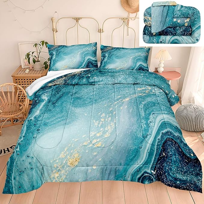 Bedbay Blue and Gold Marble Comforter Set for Girls Boys Teal Blue Bedding Set Twin 3 Pcs Western Bedding Comforter Abstract Art Duvet Set Soft Down Alternative Comforter Bedroom Decor(Blue,Twin)