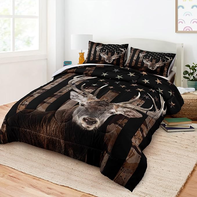 Bedbay Hunting Deer Bedding Comforter Sets King Size American Flag Camo Bedding Room Decor for Men Adults Boys Camouflage Quilt Set Stars Stripes USA Flag Down Alternative Comforter 4 Pcs(Deer,King)
