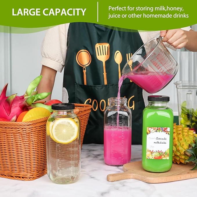 32oz Glass Juice Bottles with Lids 2Pack,Reusable Square Glass Milk Bottle with Lid,Clear Empty Glass for Beverages, Jams, Kombucha, Milkshakes,Oils(32fl.oz,Set of 2)