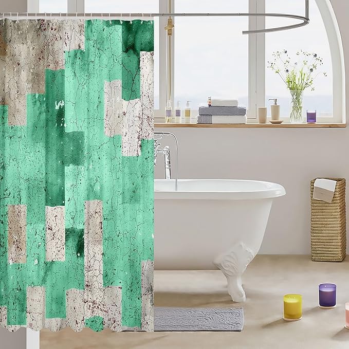 Feelyou Kids Geometric Green Shower Curtain Geometry Bathroom Shower Curtain Set Checkered Bath Curtain Boys Girls Modern Art Teens Bathroom Accessories Room Decor 72"x78"