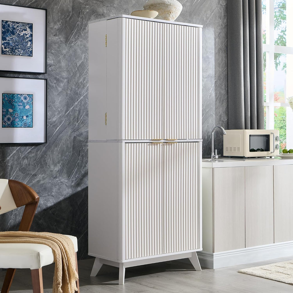 OKD Fluted Kitchen Pantry, 72" Tall Mid Century Modern Storage Cabinet with Adjustable Shelves & Door Organizer, Wood Cabinet for Kitchen, Living Room, Solid White