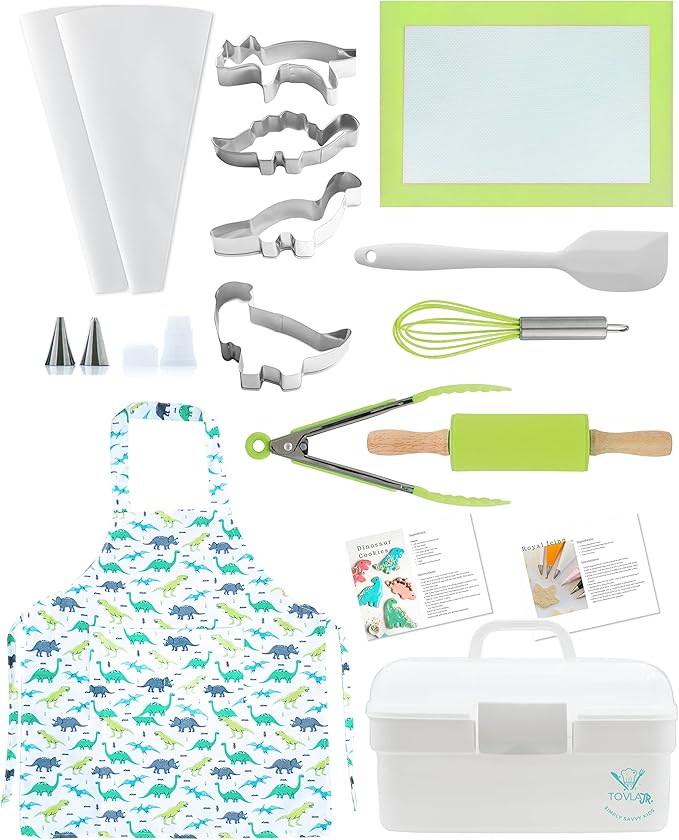 Tovla Jr. Kids Baking Gift Set with Storage Case - Cooking Kit for Children - Educational Baking Sets - Real Kid Baking Supplies with Decorating Tools Set with Apron… (Dinosaur)