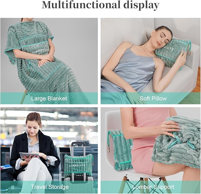 Travel Blanket Travel Blanket Airplane Compact with Bag 2 in 1 Travel Pillow and Blanket Set Travel Pillow and Blanket Car Road Trip Camping Essentials (Mint Green)