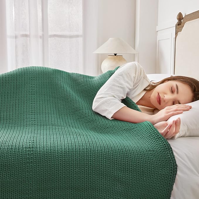 Knitted Weighted Blanket(Green 50"x75" 15lbs),Home Décor Cooling Throw Blanket for Hot Sleepers,Hand Made Chunky Knit Heavy Blanket for Adults Use on Full Size Bed