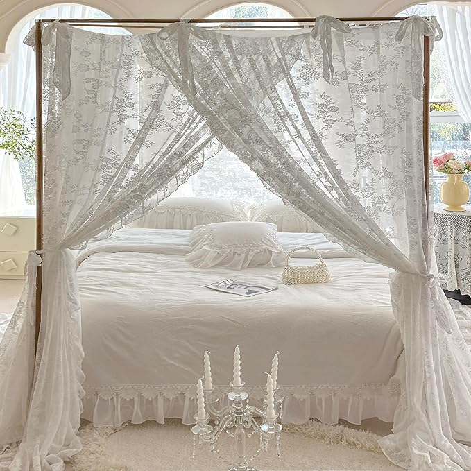 Mengersi Canopy Bed Curtains with Tie Backs,Bed Canopy Curtains Bed Drapes Sheer Curtains for Bedroom Decor（California King,White