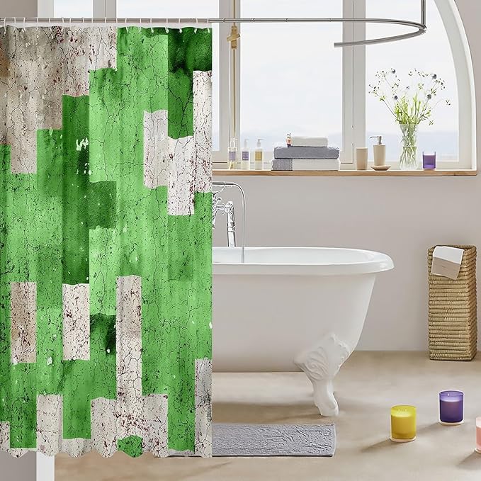 Feelyou Kids Geometric Green Bath Curtain Geometry Shower Curtain Stripe Line Bathroom Shower Curtain Set Boys Girls Modern Art Teens Bathroom Accessories Room Decor 72"x72"