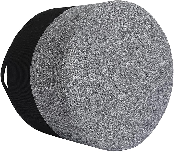 24" x 24" x 17" Max Size Large Cotton Rope Basket, Extra Large Storage Basket, Woven Laundry Hamper, Cloth Storage Bin, for Blankets Clothes Towels Pillows in Living Room, Black/Grey Mix