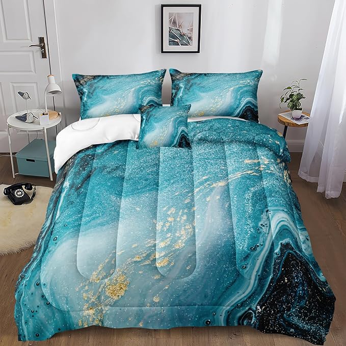 Bedbay Blue and Gold Marble Comforter Set for Girls Boys Teal Blue Bedding Set Twin 3 Pcs Western Bedding Comforter Abstract Art Duvet Set Soft Down Alternative Comforter Bedroom Decor(Blue,Twin)