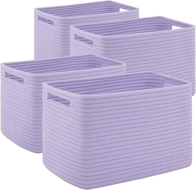 4 Pack Storage Baskets for Organizing Toys, Towels, and Clothes, Woven Basket for Shelves, Sturdy Nursery Cube Bins for Storage, 13''L x9''W x7.8''H, Purple
