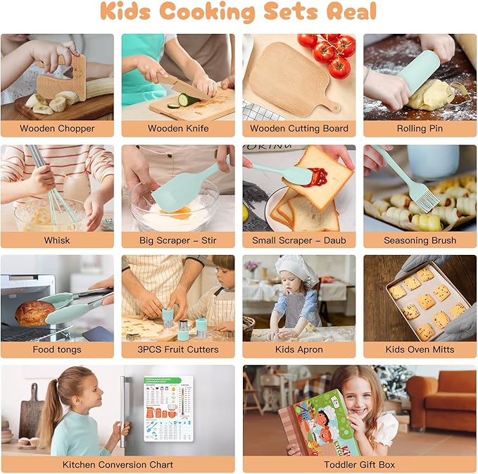 Kids Cooking Sets Real, Suhctuptx Kids Cooking and Baking Set, Wooden Kid Knife with Cutting Board Apron Rolling Pin Whisk, Toddler Real Kitchen Accessories, Birthday Gifts for Girls Boys Age 3-8