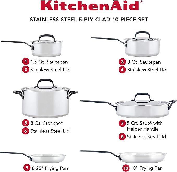 KitchenAid 5-Ply Clad Stainless Steel Cookware Pots and Pans Set, 10 Piece, Polished Stainless