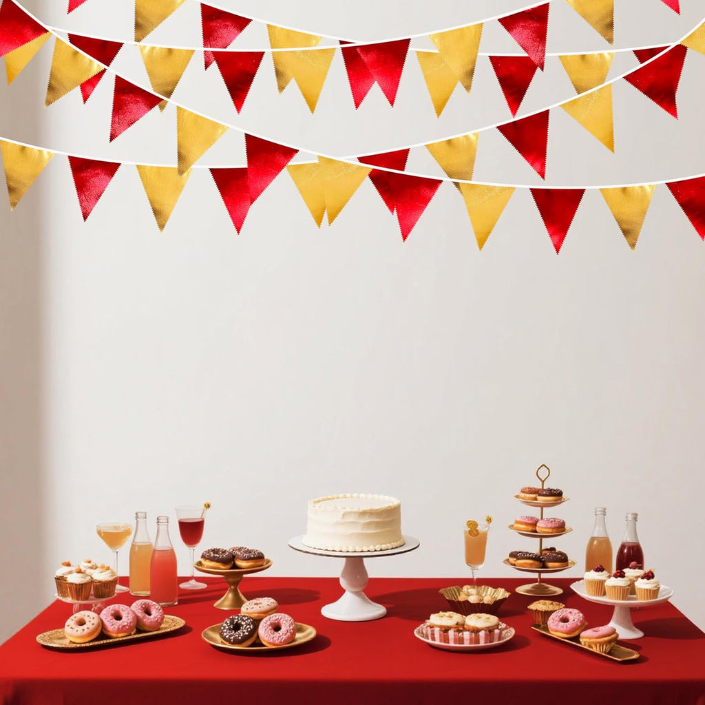 Red Gold Party Decorations Metallic Fabric Triangle Pennant Banner Flag Bunting Garland for Graduation Birthday Wedding Bachelorette Anniversary Baby Shower Christmas Holiday New Year Party Supplies