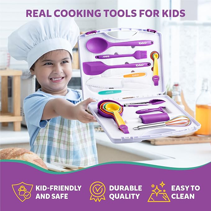 KIDSTIR Kids Cooking Sets Kids Baking Set 34 Piece Real Cooking Set for Kids with Organizer Carrying Case, Kids Cooking Utensils for Girls and Boys Kid Cooking Gift Set and Baking Set for Kids