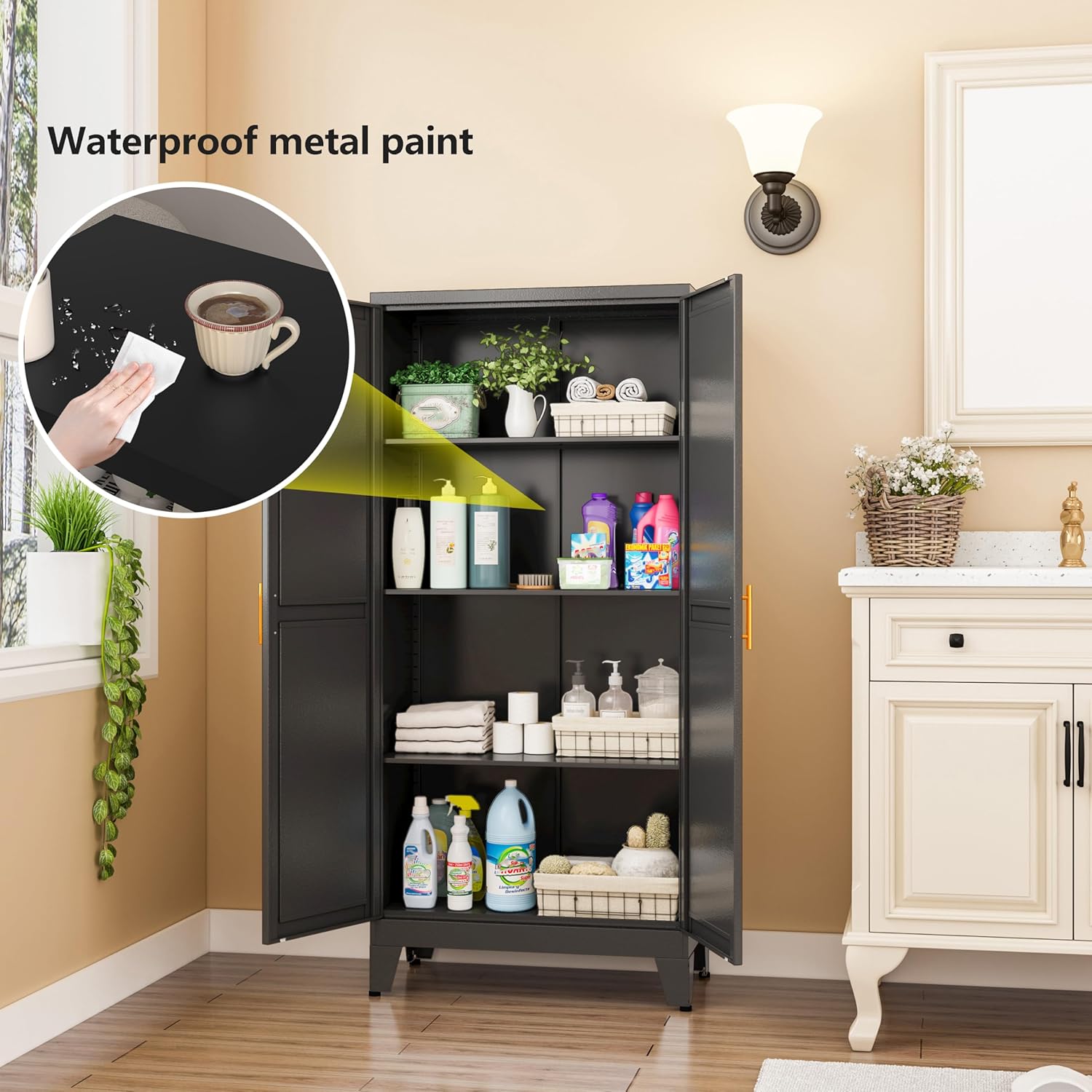 Black Metal Storage Cabinet, 48" Steel Cabinets for Home Office, Kitchen Pantry Storage Cabinet with Doors and 3 Adjustable Shelves, for Office, Home, Garage, School