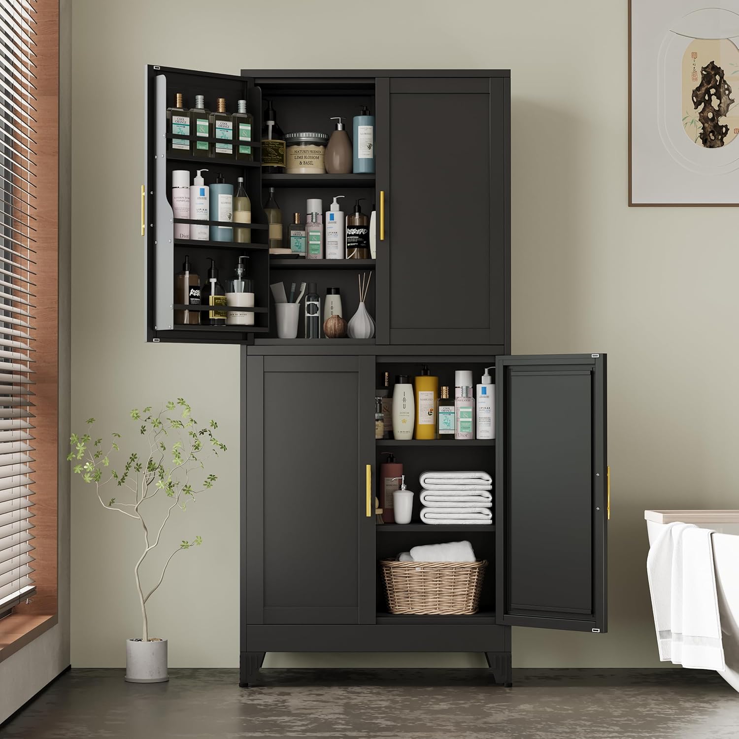 75" H Metal Storage Cabinet, Pantry with 6 Door Shelves and 4 Adjustable Shelves, Leveling Foot for Kitchen, Living Room and Dinning Room, Black