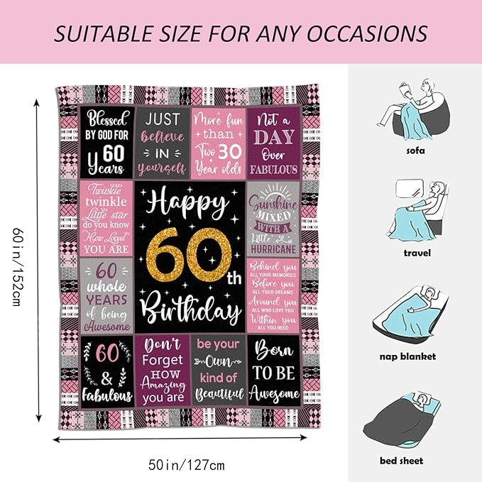 60th Birthday Gifts for Women, 60th Birthday Gift Ideas, 60th Birthday Gifts Blanket 50"X60", Gifts for 60 Year Old Woman, 60th Birthday Decorations, 60 Year Old Birthday Gifts for Women