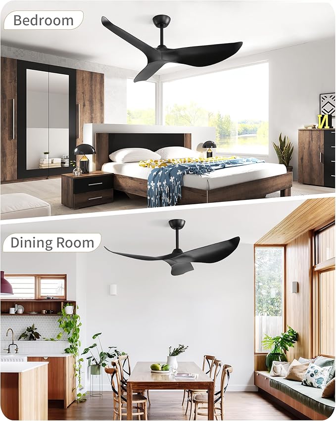 CACI Mall Ceiling Fans Without Lights - 52-Inch Flush Mount Ceiling Fan with 6 Speeds, 3 Timer Remote, Quiet Reversible DC Motor, and 5"/10"/25" Replacement Downrods (Black ABS Blades)