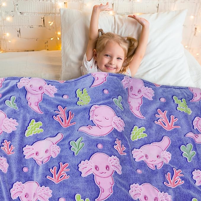 Pink Axolotl Gifts for Girls Glow in The Dark Blanket Cute Axolotl Blanket Girl Soft Fleece Blanket Birthday Gifts 40"x50"