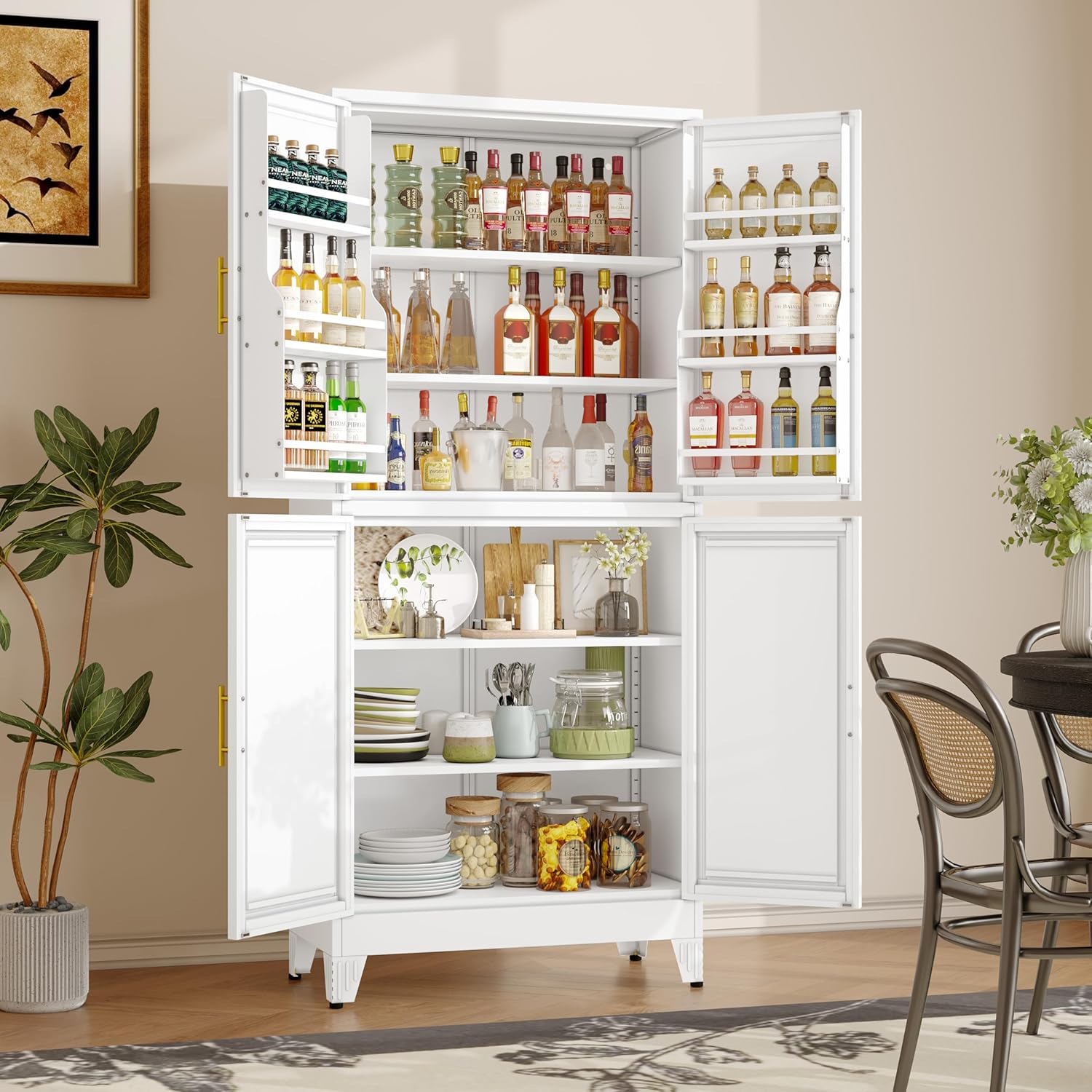 74.8" Tall Metal Food Cabinet, White Kitchen Pantry Cabinet, Storage Cabinets with 4 Door and 4 Adjustable Shelves, Steel Freestanding Cupboard for Kitchen Dining Room Living Room Bathroom
