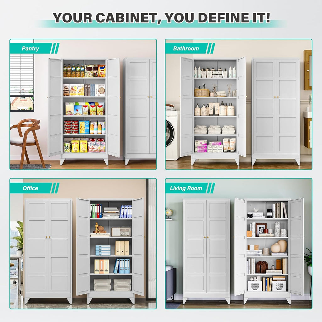 Wide & Deep Metal Storage Cabinet with 2 Doors and 5 Shelves,72 inch Tall Pantry Storage Cabinet,Large Cupboard Closet,White Cabinets for Home,Kitchen,Bathroom,Dining/Living Room