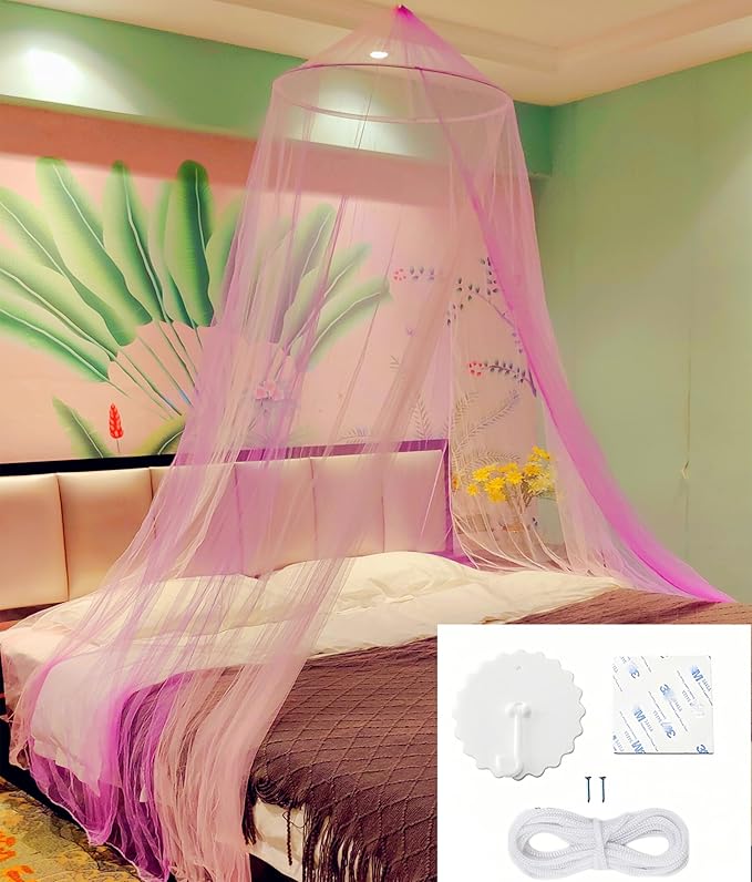 Eimilaly Two-Tone Bed Canopy Mosquito Net Pink Purple with Warm Lights, Bed Canopy for Girls Room Decor, Single Door