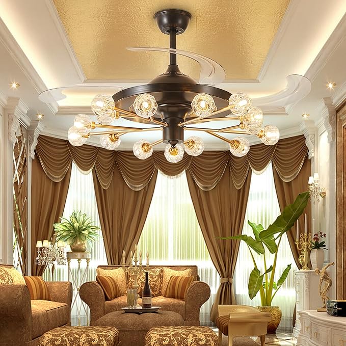 Sputnik Ceiling Fan with Light: Black Modern Chandelier with Fan for Indoor - Crystal 48" Fandelier with 15 Lights for Living Dining Room Kitchen - Retractable Ceiling Fan with Lights